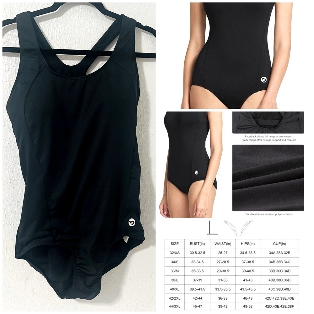 BALEAF Women's XL/42 Black Racerback One Piece Training Swimwear Bathing Suit